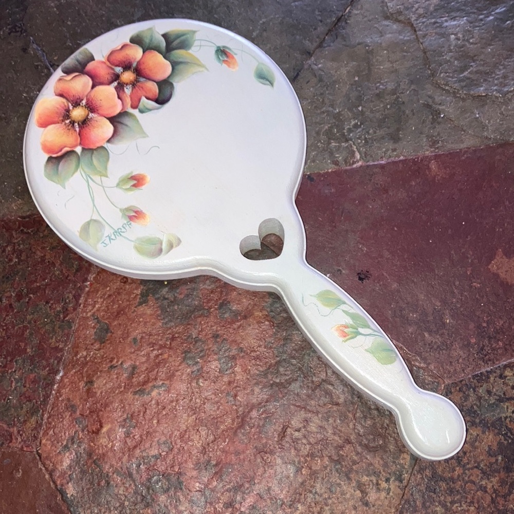 Vintage Hand painted Handheld Mirror with Heart Cutout
